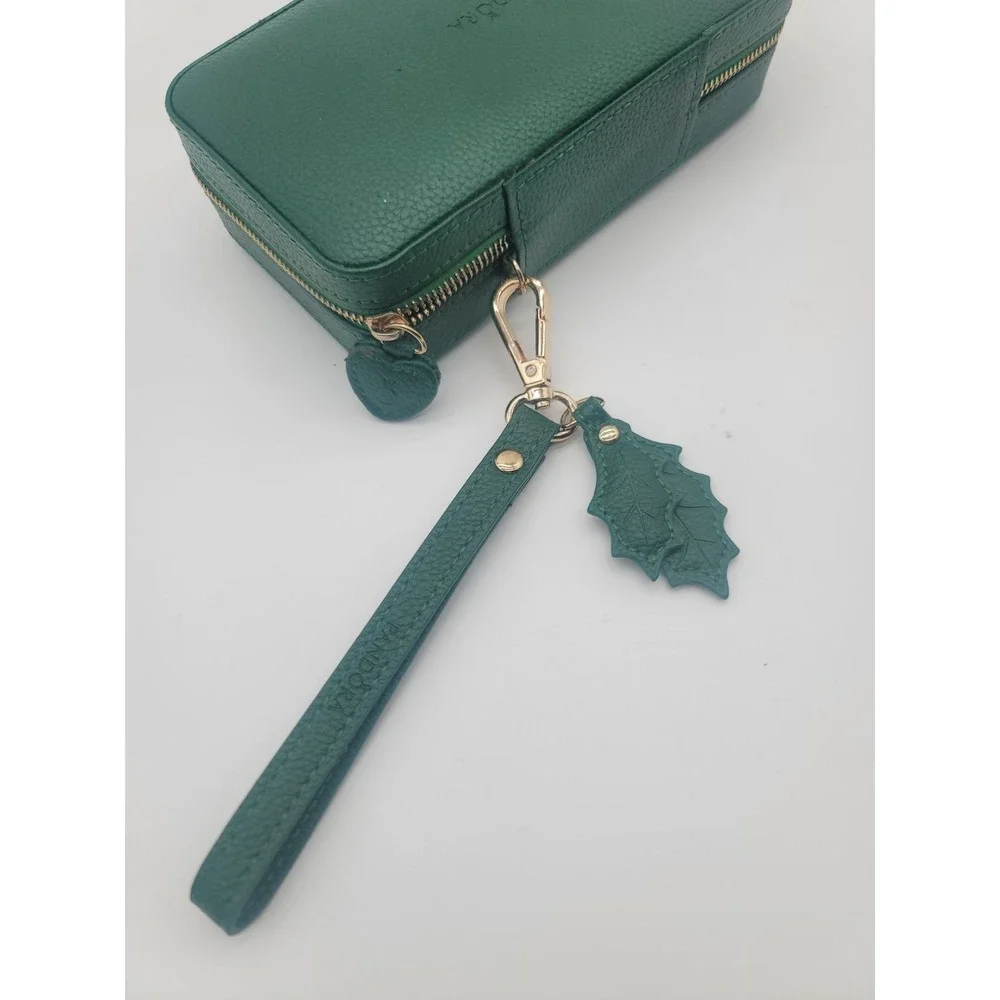 Pandora Green Travel Jewelry Box Case Wristlet Organizer Zip Vegan Leather